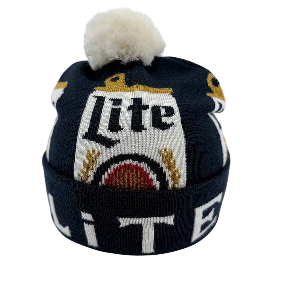Miller Lite Beanie Mens OSFM Navy Blue Acrylic Pom Pom Knit Beer Graphic Hat